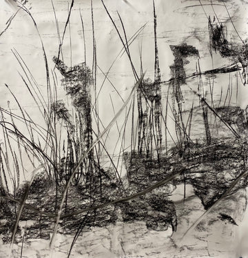 Fullness of life concept drawing, From the Chestatee River Perspective, 2021, Charcoal on paper, 24 x 24 inches