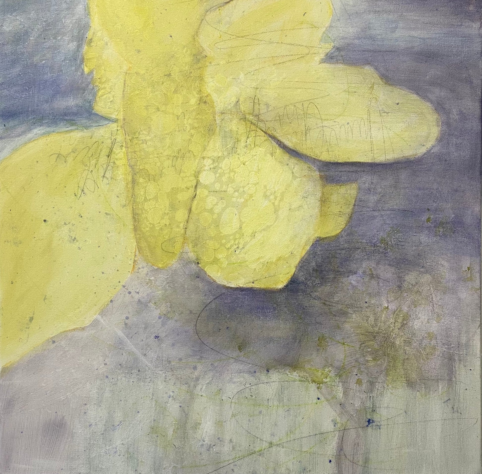 Yellow and periwinkle nature inspired painting by Juanita Bellavance, Cumming, GA artist, abstract impressionism original art