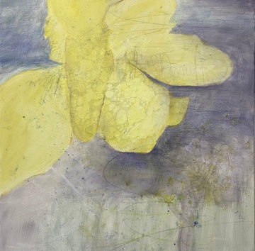 Yellow and periwinkle nature inspired painting by Juanita Bellavance, Cumming, GA artist, abstract impressionism original art