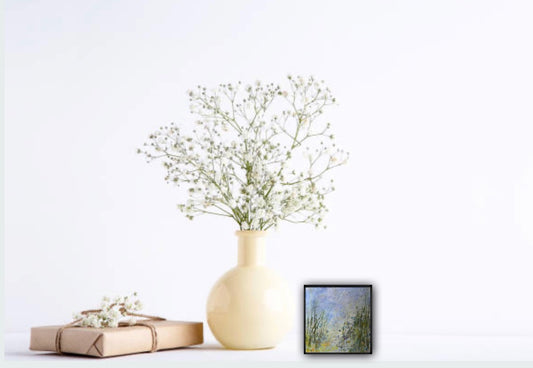 Pebbles and reeds and water, oh my!, From the 25 Days of Minis portfolio, 2021, Acrylic on panel, 6 x 6 inches, Framed