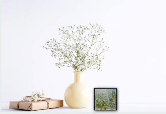 Where indigenous plants abide, From the 25 Days of Minis portfolio. 2021, Acrylic on panel, 6 x 6 inches. Framed.