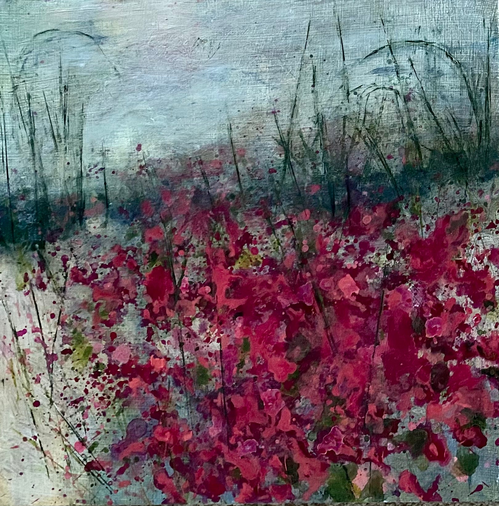 Red floral impressionist acrylic painting.  Original art size 12 x 12 inches.
