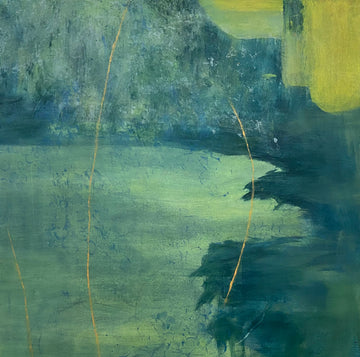 Green landscape painting, a green field surrounded by trees like Camp Wahsega in Dahlonega, GA.  Original painting.