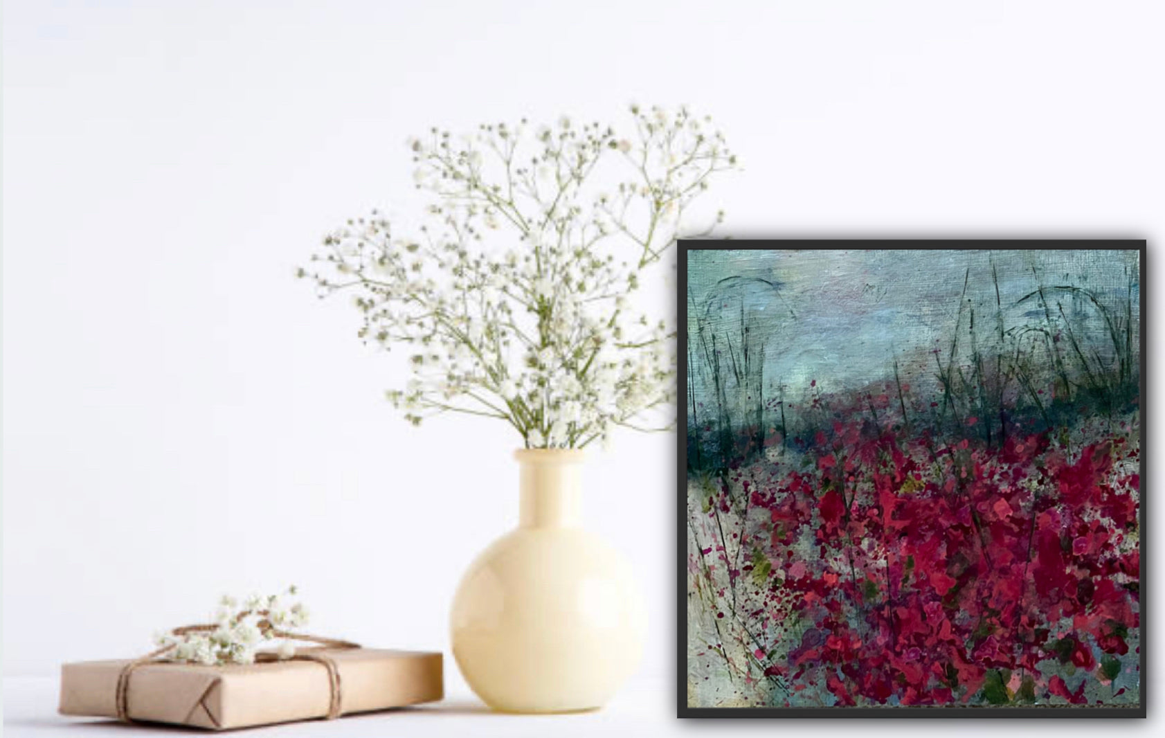 Red floral impressionist acrylic painting. Original art size 12 x 12 inches.   Insitu