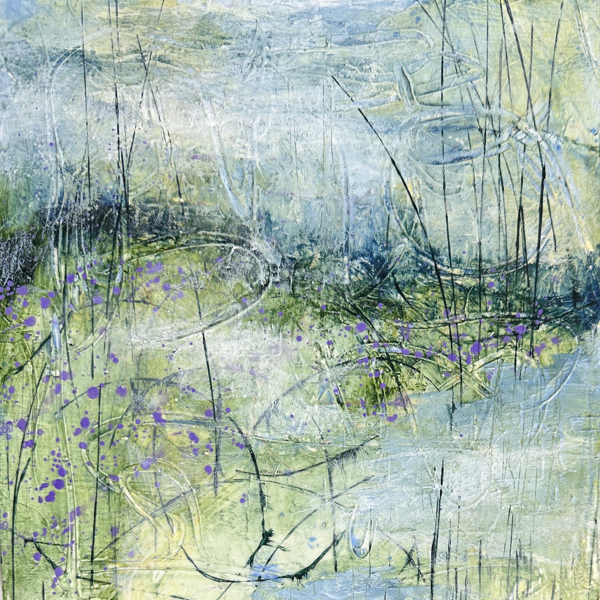 painting of reeds, water and flora. by Juanita Bellavance