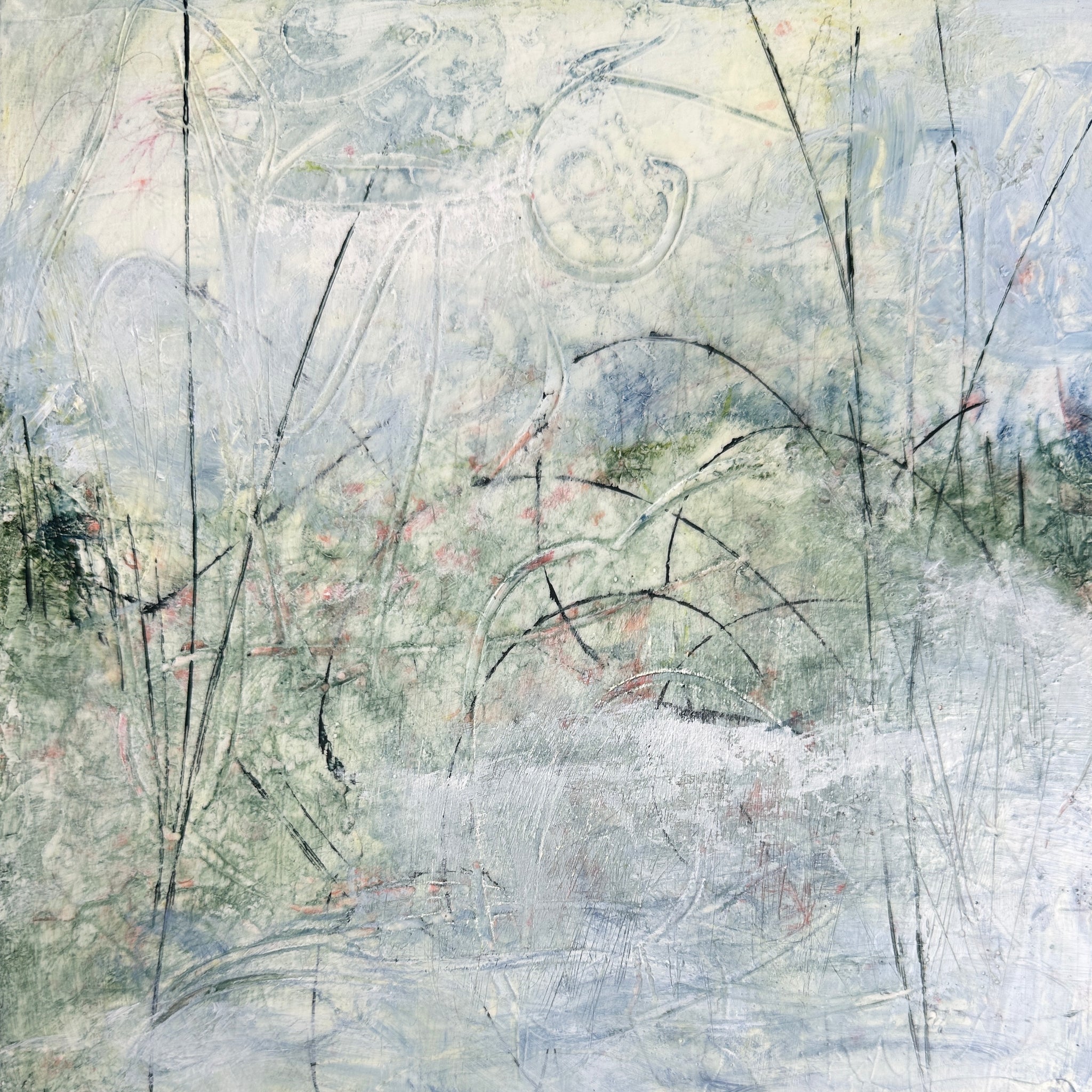 painting of ground covered with snow while spring emerges by Juanita Bellavance