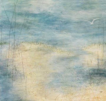 Acrylic painting of a soft seascape with water overlapping sand in some areas. There is one lone seagull flying over the water. Painting by Juanita Bellavance, Cumming, GA artist