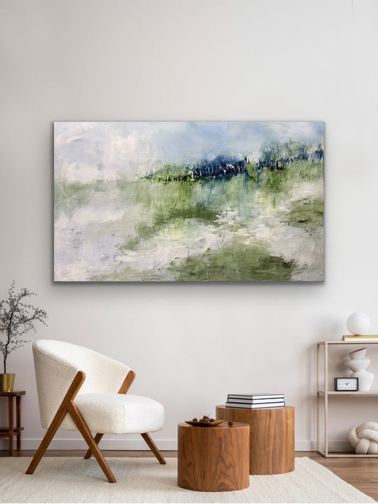 Across the Quiet, Original abstract marsh painting, 36 x 60 inches