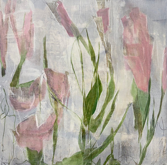 Artistic depiction of pink tulips with green leaves on a textured background. Original abstract acrylic painting by Juanita Bellavance