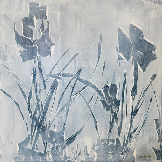 Original Abstract artwork of blue floral shapes on a textured blue-gray background.Original abstract acrylic painting by Juanita Bellavance