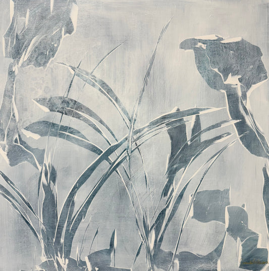 Monochromatic abstract botanical art with dark blue-gray shapes on a light blue-gray background. Original abstract acrylic painting by Juanita Bellavance