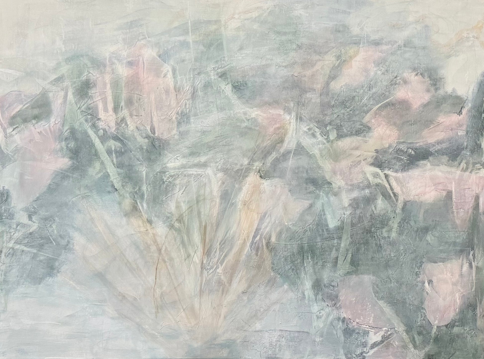 Abstract art with blurred tones of blues and pinks. Original abstract acrylic painting by Juanita Bellavance