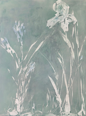 Abstract botanical artwork with white and gray shapes on a teal background. Original abstract acrylic painting by Juanita Bellavance