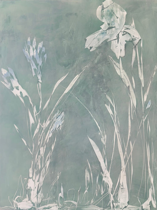 Abstract botanical artwork with white and gray shapes on a teal background. Original abstract acrylic painting by Juanita Bellavance