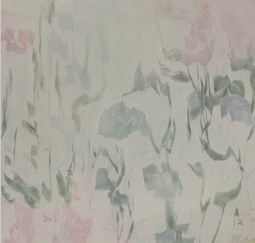 Abstract art with pastel pinks and greens and leaf shapes on a light background. Original abstract acrylic painting by Juanita Bellavance