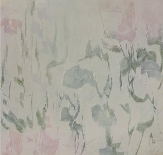 Abstract art with pastel pinks and greens and leaf shapes on a light background. Original abstract acrylic painting by Juanita Bellavance