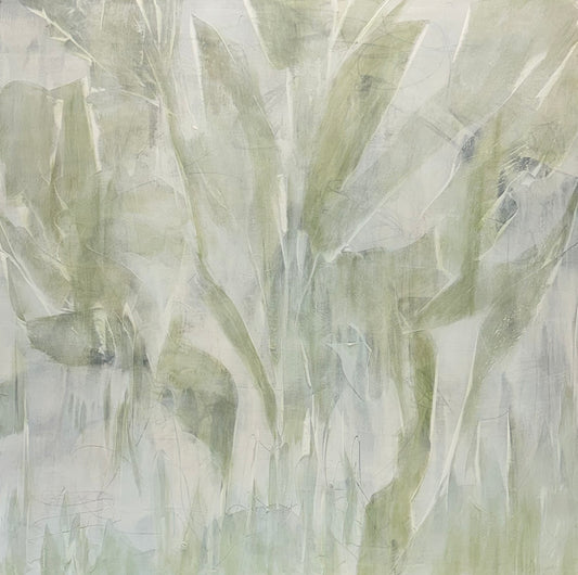 Abstract art with green and gray brush strokes appearing as leaves.Original abstract acrylic painting by Juanita Bellavance