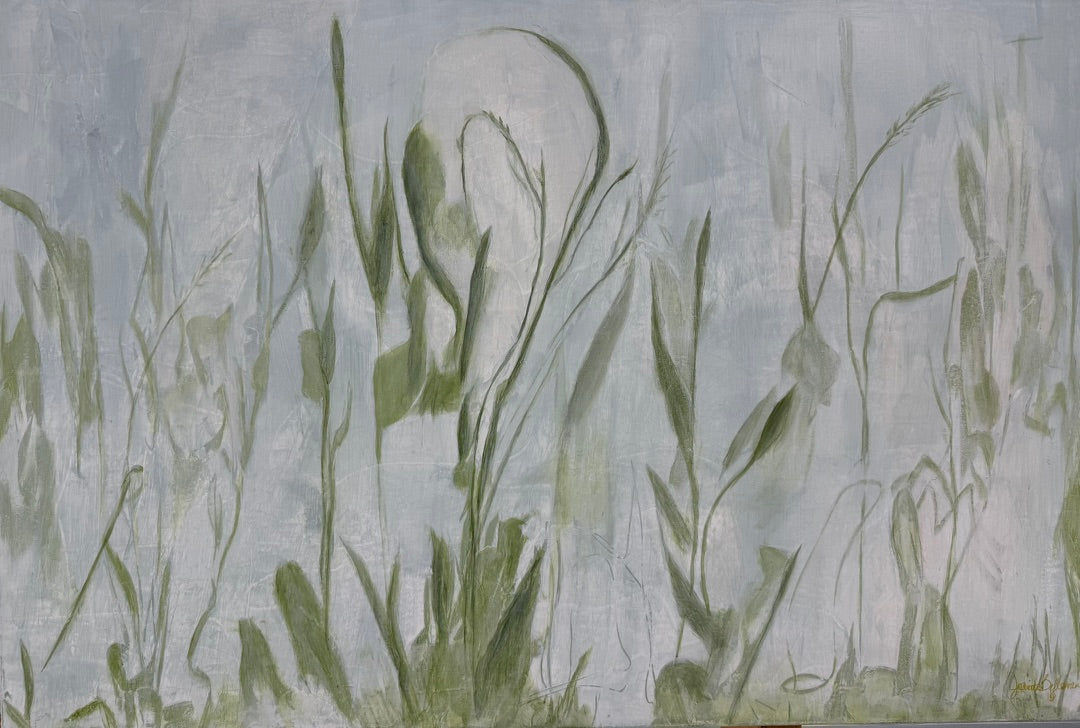 Abstract botanical painting with green grass-like shapes on a blue-gray background.  Original abstract acrylic painting by Juanita Bellavance