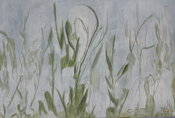 Abstract botanical painting with green grass-like shapes on a blue-gray background.  Original abstract acrylic painting by Juanita Bellavance