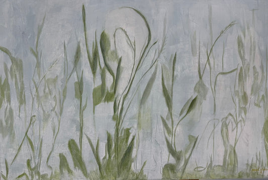 Abstract botanical painting with green grass-like shapes on a blue-gray background.  Original abstract acrylic painting by Juanita Bellavance