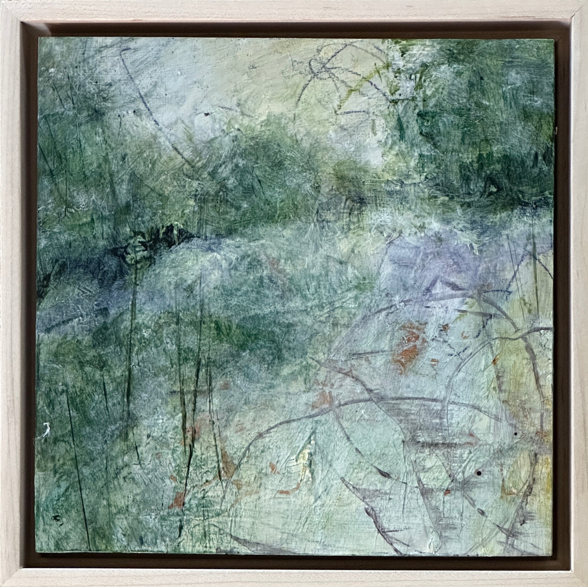 8 x 8 x 1.5-inch impression of a meditative state while in nature, unfocused on the surroundings  Acrylic painting on cradled panel with natural wood frame.  By Cumming, GA artist, Juanita Bellavance. Part of our 25 Days of Minis 2022 collection.  Collect them all!