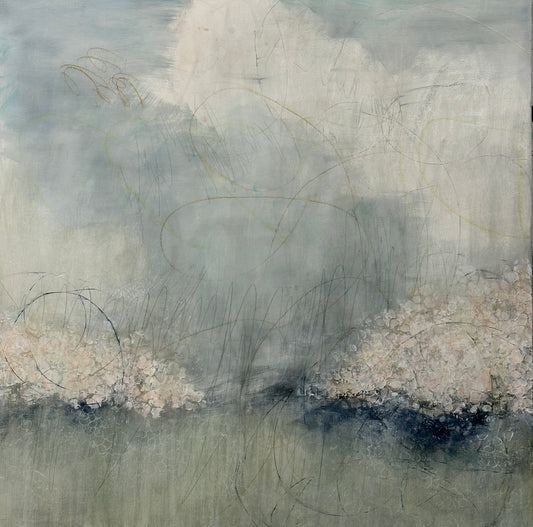 On a Spring Day, 2023, neutralgreen, blue, gray and sienna, 40 x 40 inches