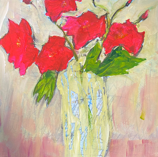 Juanita Bellavance, Red flowers, 2022, Acrylic on canvas board, 8 x 8 inches