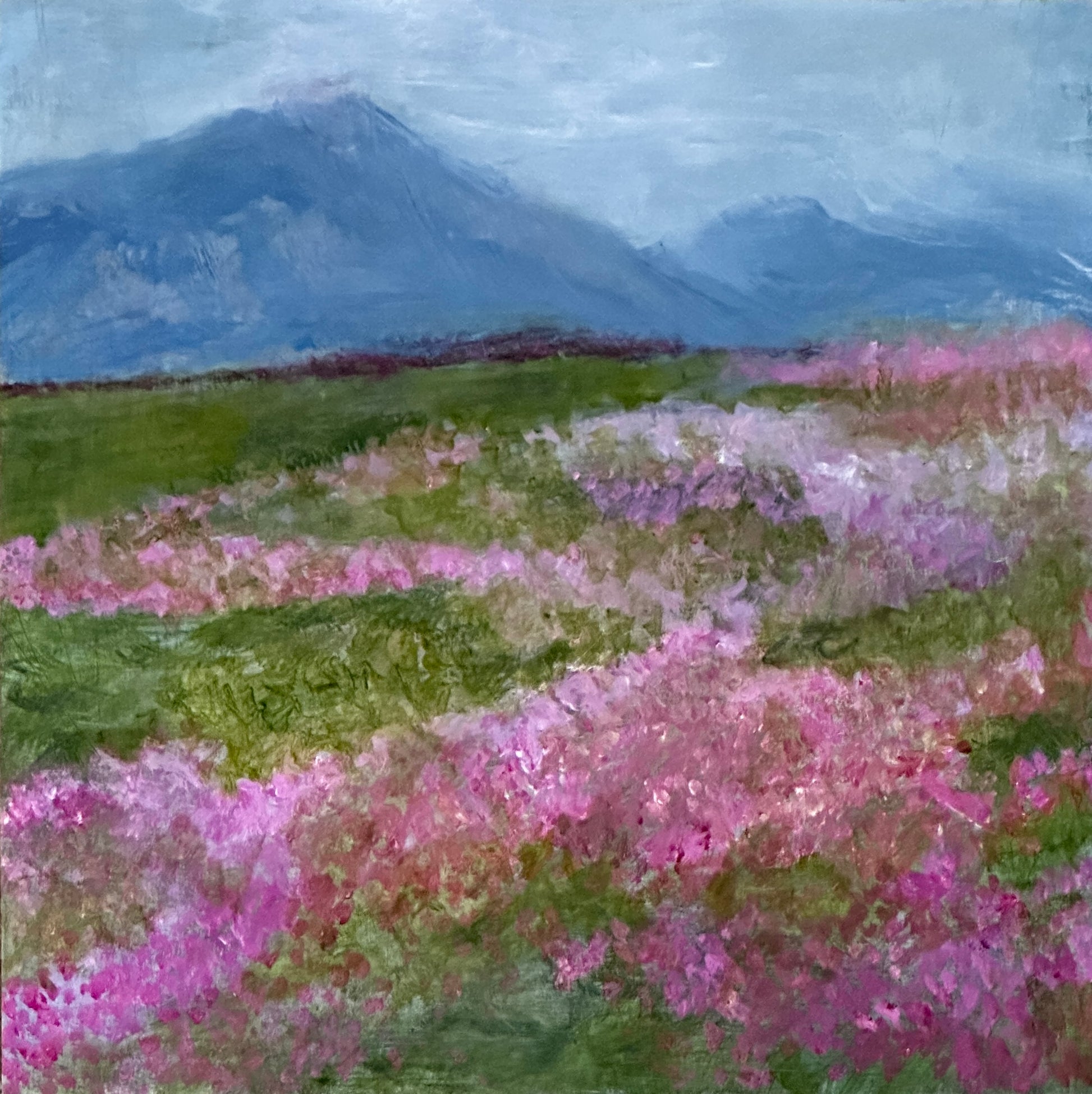 8 x 8 x 1.5-inch impression of a field of azaleas blooming in Spring.  Acrylic painting on cradled panel with natural wood frame.  By Cumming, GA artist, Juanita Bellavance. Part of our 25 Days of Minis 2022 collection.  Collect them all!