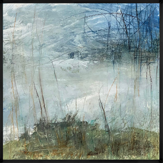 Juanita Bellavance, Caught up in grasses 2, From the Chestatee River portfolio, 2021, Acrylic on panel, 12 x 12 inches. Framed