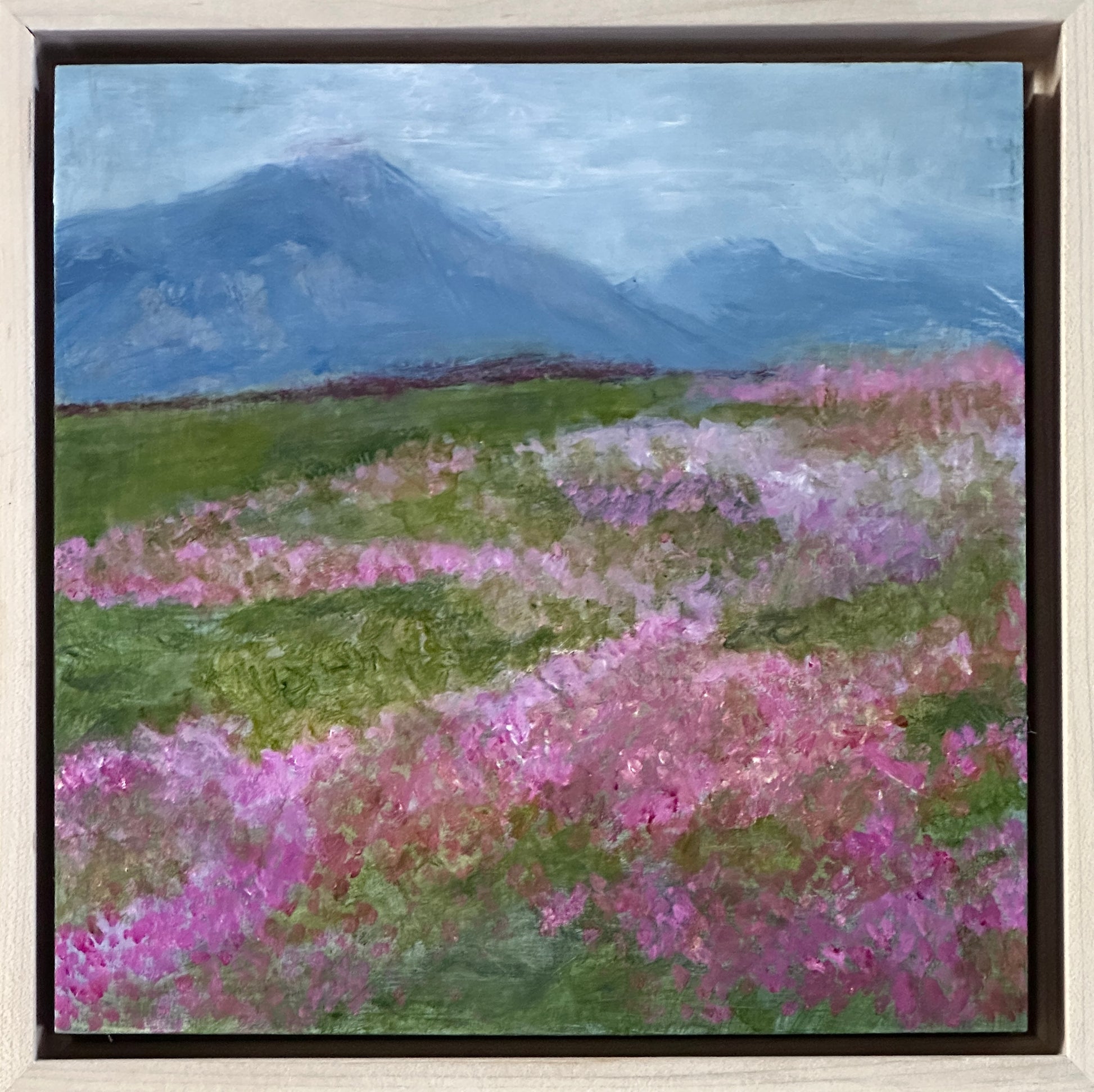 8 x 8 x 1.5-inch, framed, impression of a field of azaleas blooming in Spring.  Acrylic painting on cradled panel with natural wood frame.  By Cumming, GA artist, Juanita Bellavance. Part of our 25 Days of Minis 2022 collection.  Collect them all!