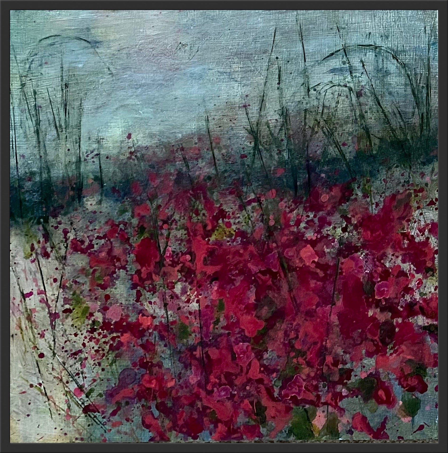 Red floral impressionist acrylic painting. Original art size 12 x 12 inches.with frame.
