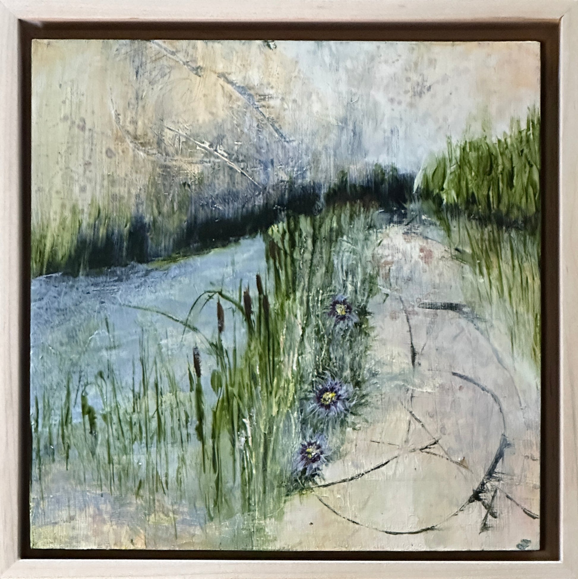 8 x 8 x 1.5-inch , framed, impression of cattails and passion flowers along the edge of a river.  Acrylic painting on cradled panel with natural wood frame.  By Cumming, GA artist, Juanita Bellavance. Part of our 25 Days of Minis 2022 collection.  Collect them all!