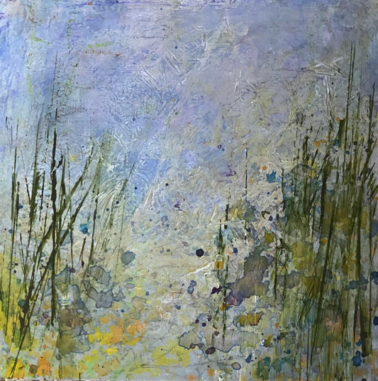 Pebbles and reeds and water, oh my!, From the 25 Days of Minis portfolio, 2021, Acrylic on panel, 6 x 6 inches, Framed