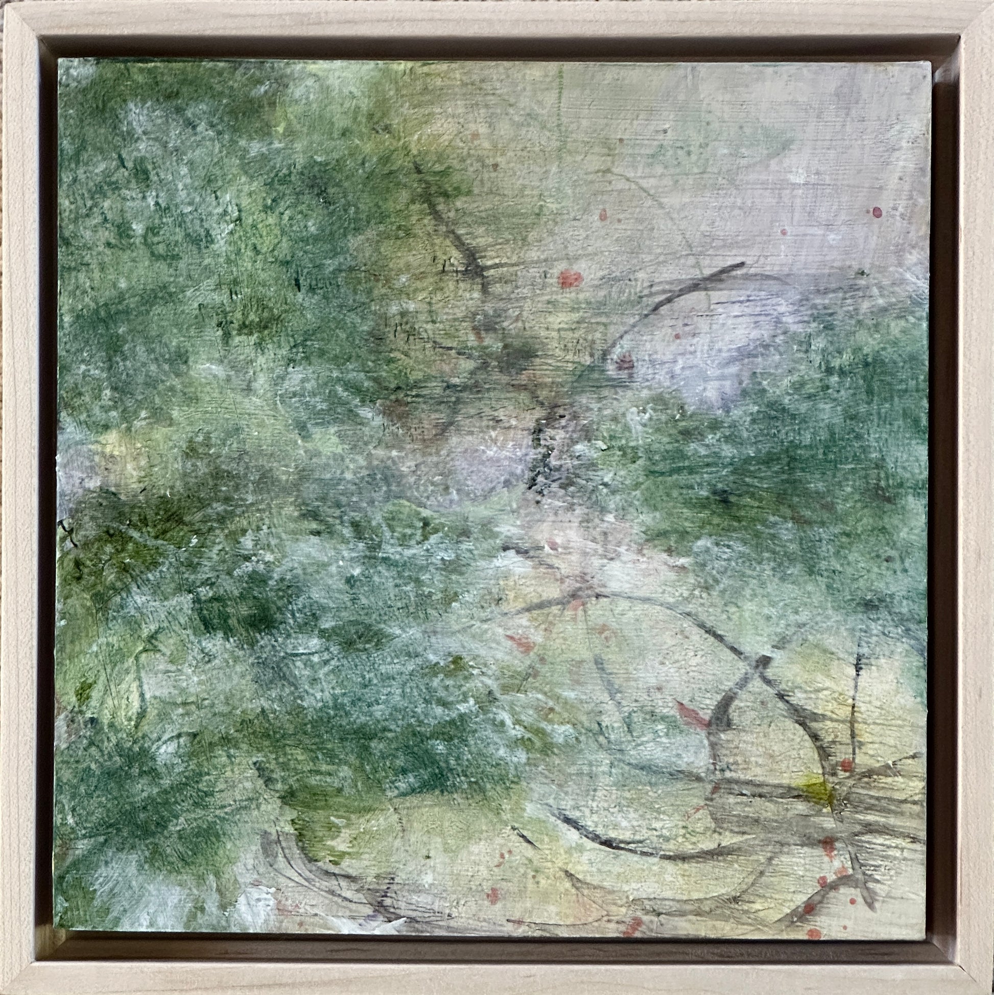 8 x 8 x 1.5-inch, framed, impression of a river after a rain where the sandy banks are now dry.  Acrylic painting on cradled panel with natural wood frame.  By Cumming, GA artist, Juanita Bellavance. Part of our 25 Days of Minis 2022 collection.  Collect them all!