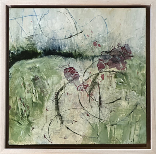 8 x 8 x 1.5-inch, framed loose impression of a field bordered by distant mountains and random wildflowers.  Acrylic painting on cradled panel with natural wood frame.  By Cumming, GA artist, Juanita Bellavance. Part of our 25 Days of Minis 2022 collection.  Collect them all!