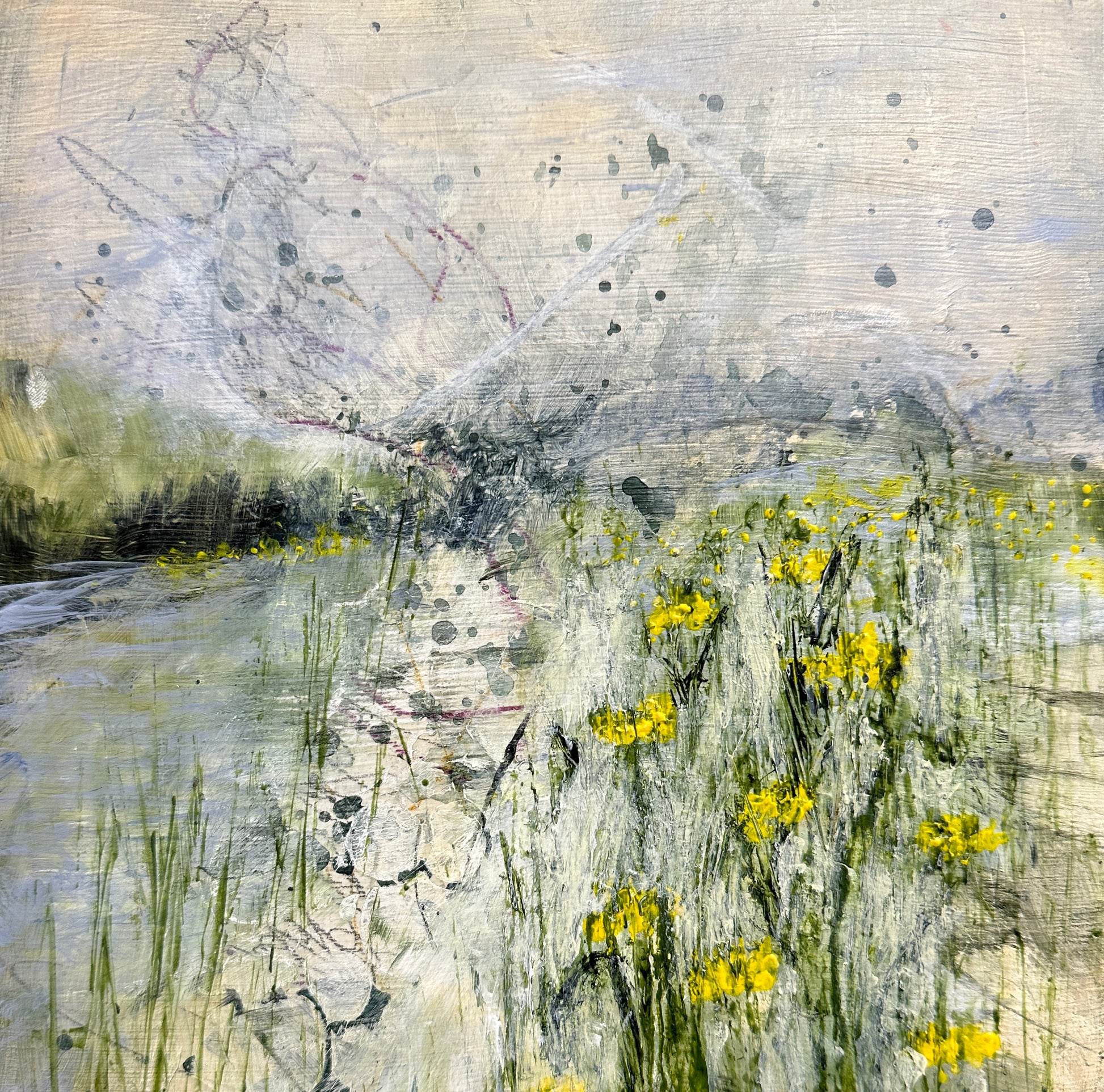 8 x 8 x 1.5-inch impresssion of daffodils by a river.  Acrylic painting on cradled panel with natural wood frame. Part of our 2022 collection.  Collect them all!