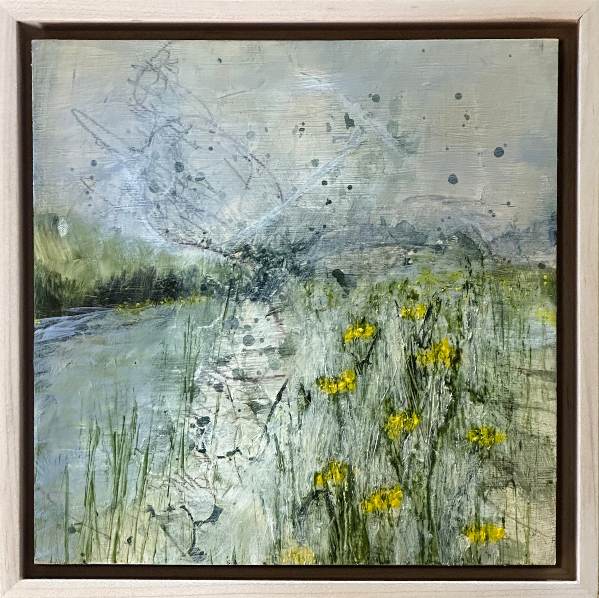 8 x 8 x 1.5-inch, framed, impresssion of daffodils by a river.  Acrylic painting on cradled panel with natural wood frame. Part of our 2022 collection.  Collect them all!