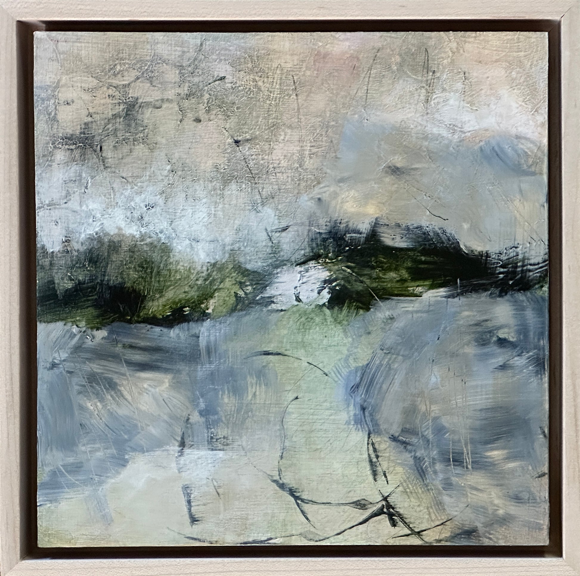 8 x 8 x 1.5-inch, Framed impression of a cloudy, rainy day on the Toccoa River.  Acrylic painting on cradled panel with natural wood frame.  By Cumming, GA artist, Juanita Bellavance. Part of our 25 Days of Minis 2022 collection.  Collect them all!