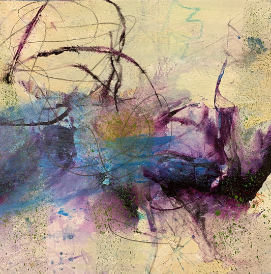 The pond, 2020, Mixed media on paper, 6 x 6 inches, unframed.