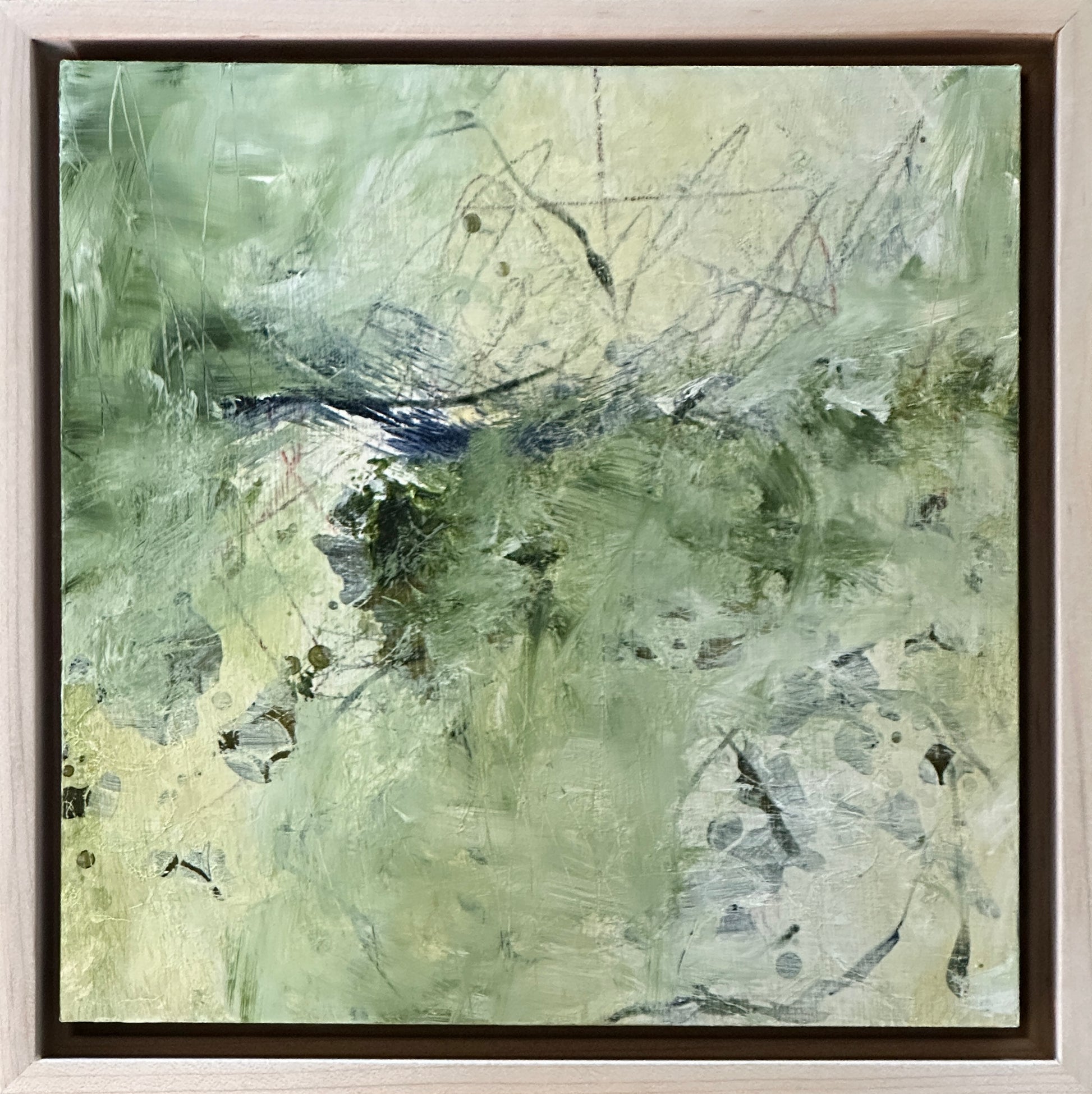8 x 8 x 1.5-inch, framed, impression of an abstract landscape near a river with the rawness of nature.  Acrylic painting on cradled panel with natural wood frame.  By Cumming, GA artist, Juanita Bellavance. Part of our 25 Days of Minis 2022 collection.  Collect them all!