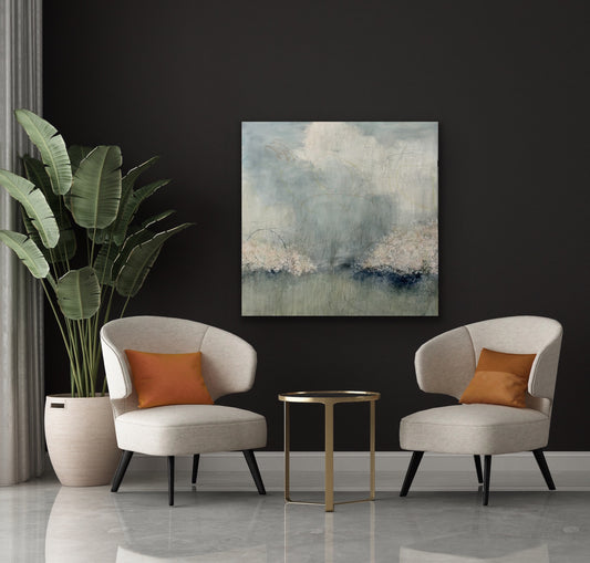 On a Spring Day, 2023, neutralgreen, blue, gray and sienna, 40 x 40 inches
