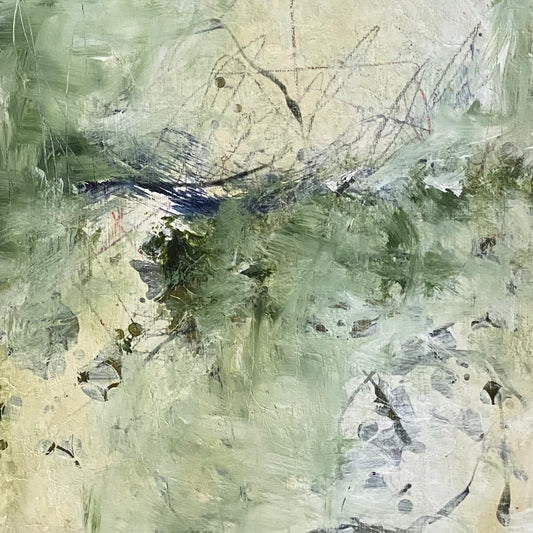 8 x 8 x 1.5-inch impression of an abstract landscape near a river with the rawness of nature.  Acrylic painting on cradled panel with natural wood frame.  By Cumming, GA artist, Juanita Bellavance. Part of our 25 Days of Minis 2022 collection.  Collect them all!