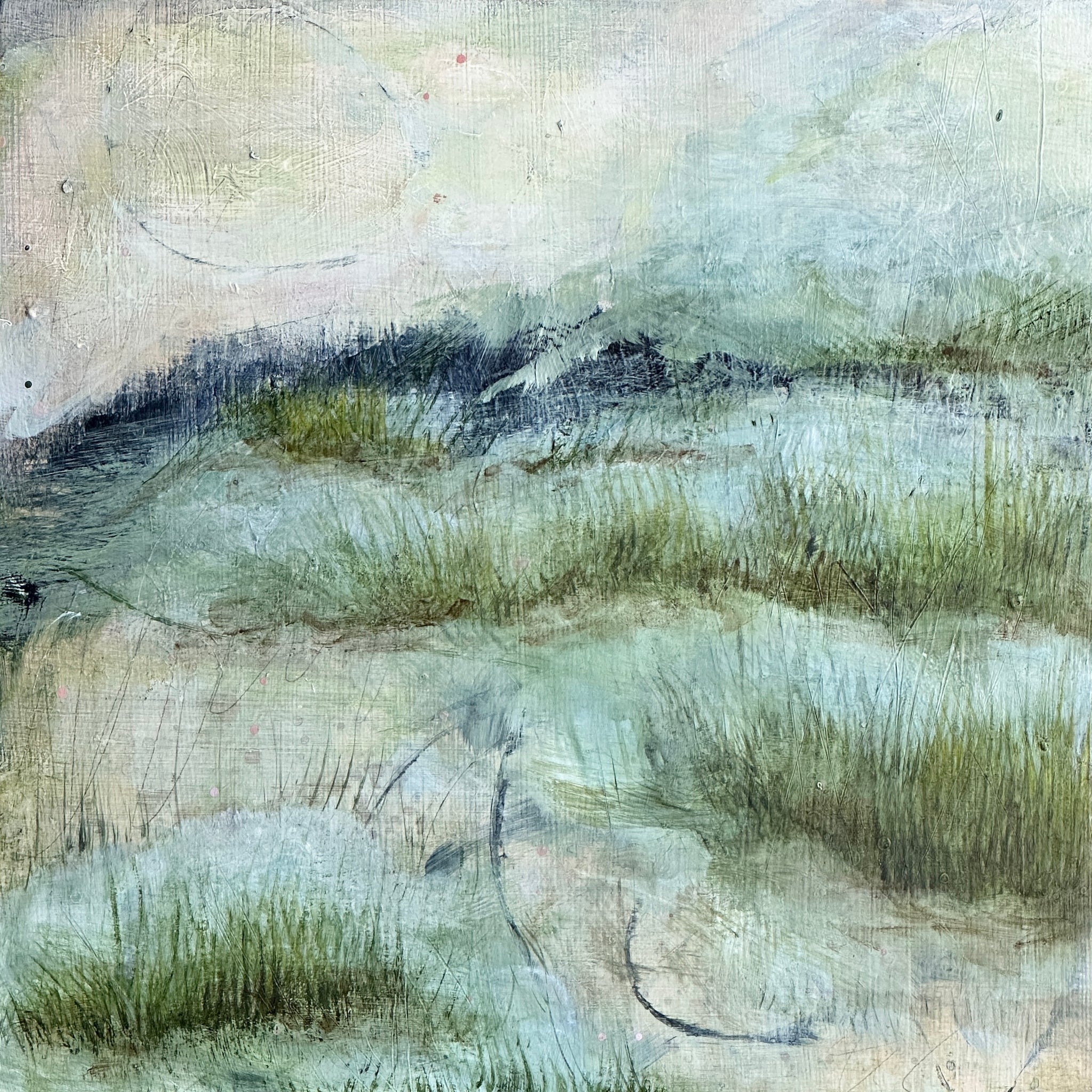 8 x 8 x 1.5-inch impression of marshes fading away into the sea.  Acrylic painting on cradled panel with natural wood frame.  By Cumming, GA artist, Juanita Bellavance. Part of our 25 Days of Minis 2022 collection.  Collect them all!